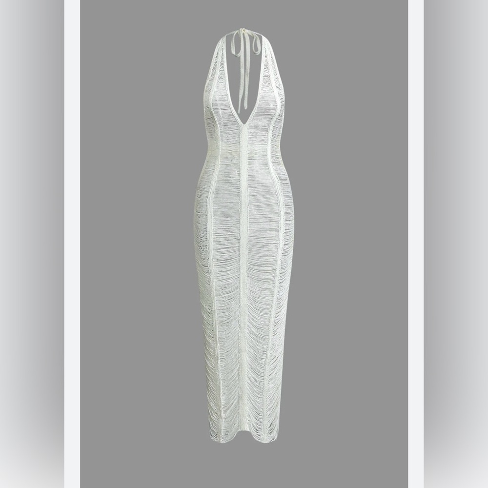 Elegant White Tie Halter V-neck Backless Distressed Ladder Knit  Dress